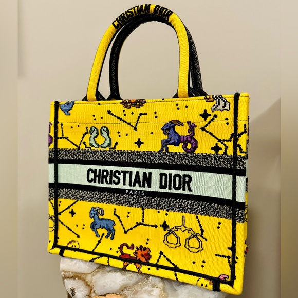 RARE Christian Dior Zodiac Pixel Tote Book Yellow Canvas Handbag Bag - Picture 8 of 17